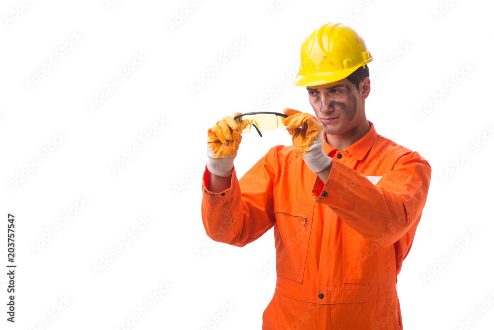 Contractor employee wearing coveralls isolated on white Contractor employee wearing coveralls isolated on white