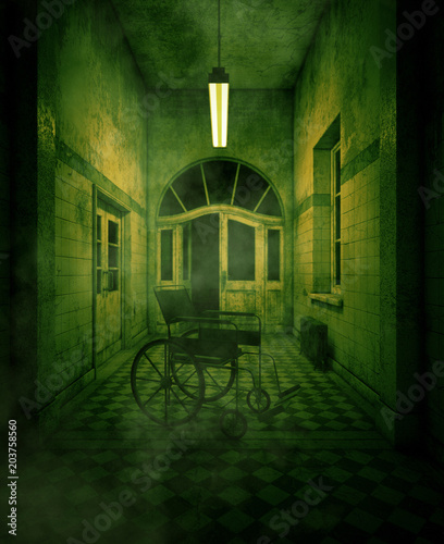Fotografija 3d rendering of a wheelchair in haunted house or asylum
