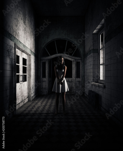 Fotografija 3d rendering of a woman is trying to survive in haunted house