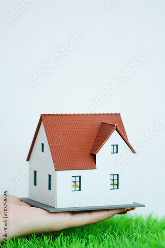 Real estate agent holding small model house over green grass 