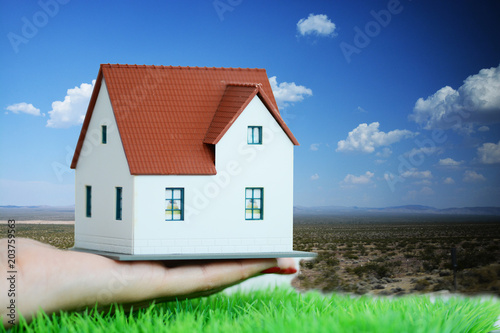 Business woman or real estate agent holding small model house in hand with rural background
