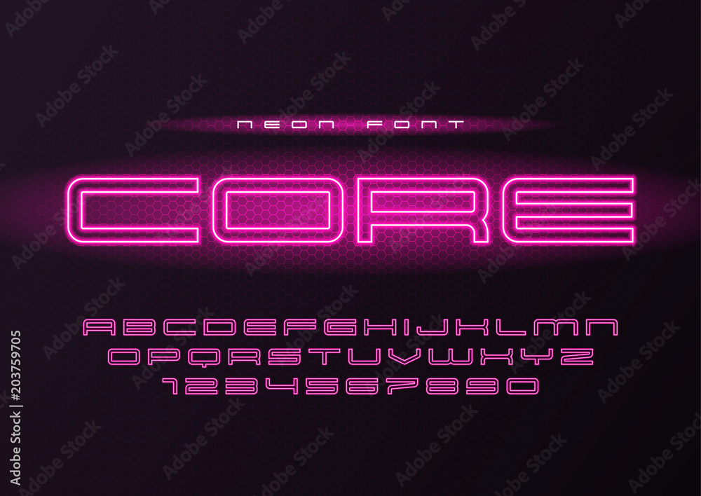 Core glowing vector neon futuristic font, typeface, alphabet, le