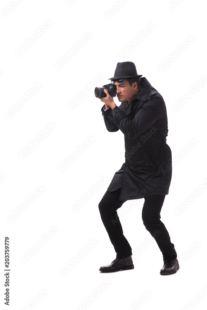 Spy with camera taking pictures isolated on white Spy with camera taking pictures isolated on white