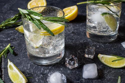 Alcoholic drink gin tonic cocktail with lemon, rosemary and ice on stone table photo