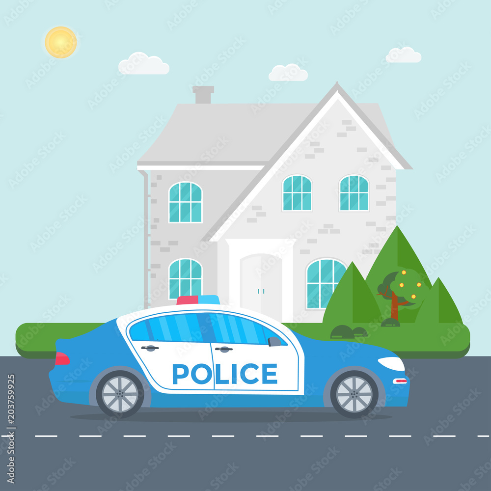 Police patrol on a road with police car, officer, house, nature landscape