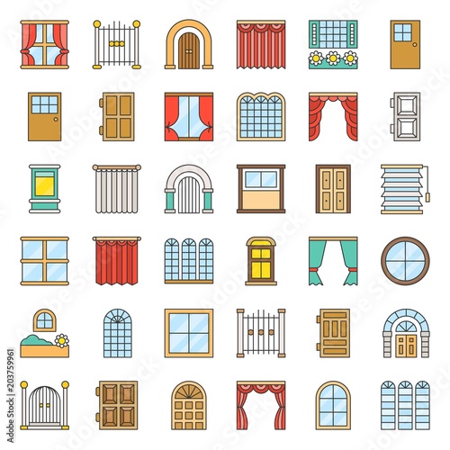 Modern and vintage Door and window icon set, filled outline