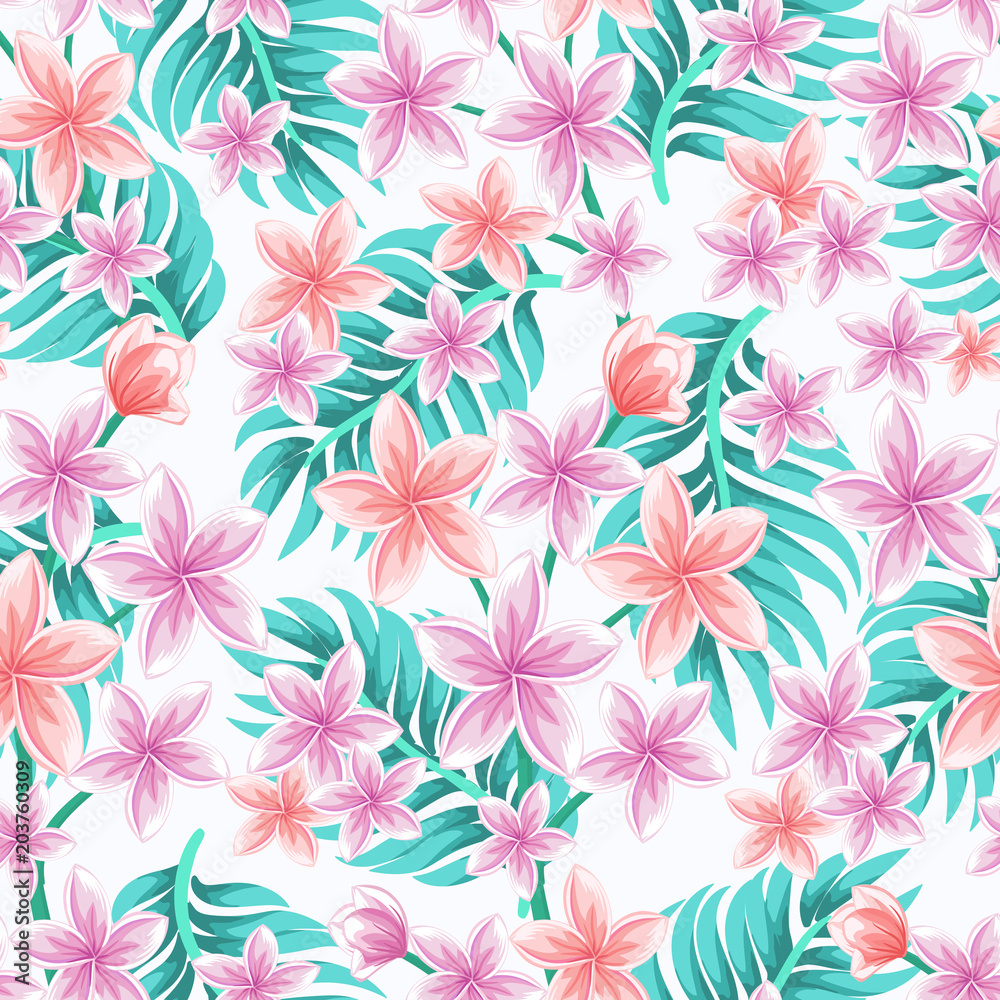 Vector seamless tropical pattern with palm leaves and plumeria flowers on light background.  Floral illustration for textile, print, wallpapers, wrapping.