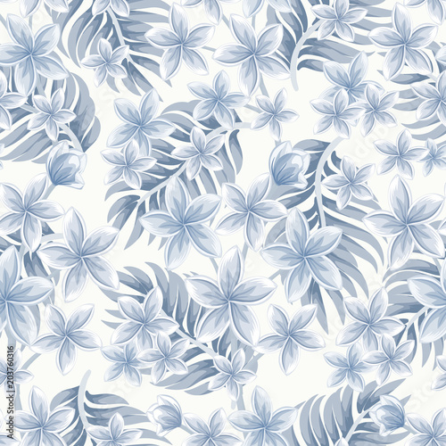 Monochrome seamless tropical pattern with palm leaves and plumeria flowers on light background.  Vector illustration for textile, print, wallpapers, wrapping.