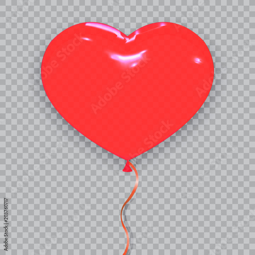 Red balloon. Vector illustration. Realistic red helium balloon. Heart shape. Isolated on transparent background.