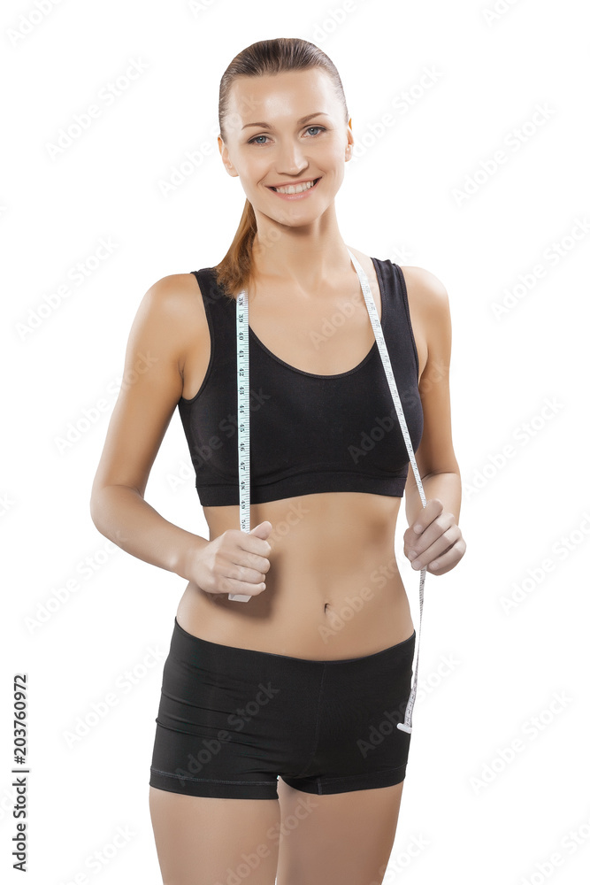 beautiful sports woman brunette posing with measure tape isolate beautiful sports woman brunette posing with measure tape isolate