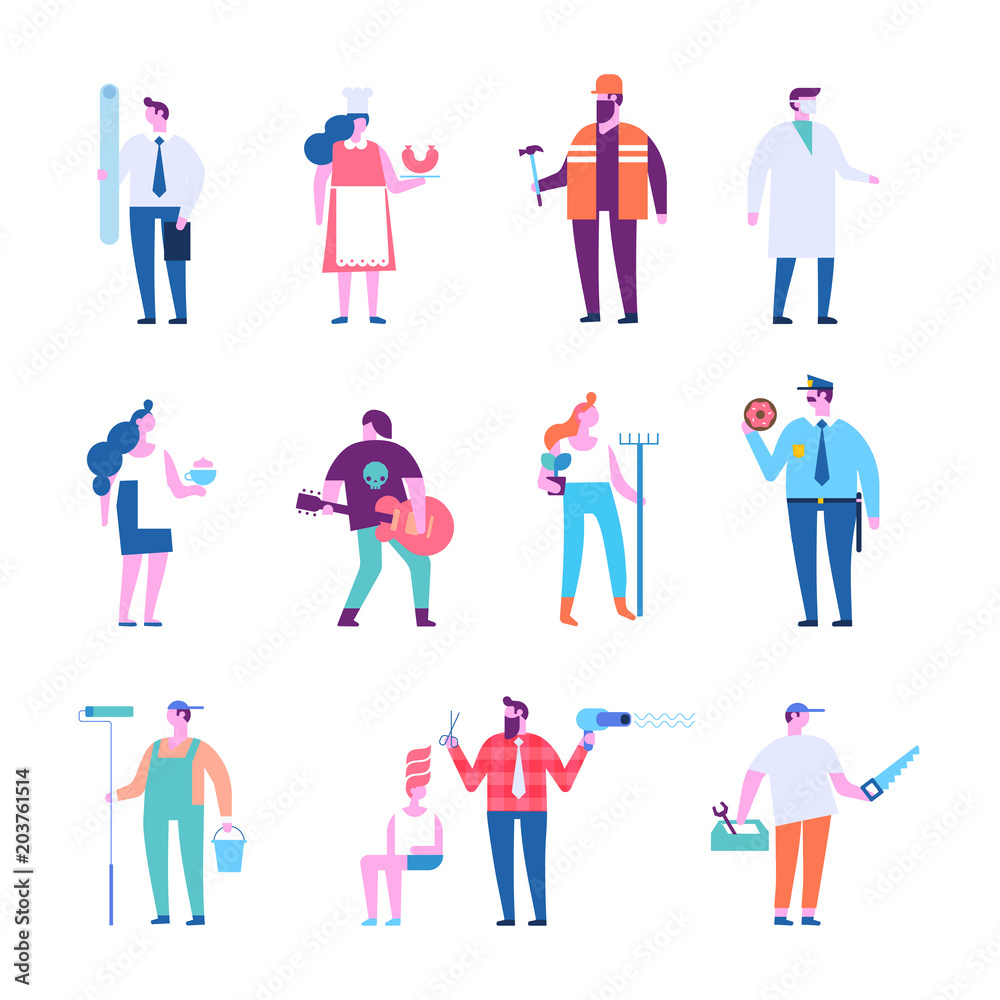 People of different occupations. Architect, rock musician, waitress, messenger, worker, painter, chef, gardener, doctor, carpenter, hairdresser, policeman. Flat vector characters.