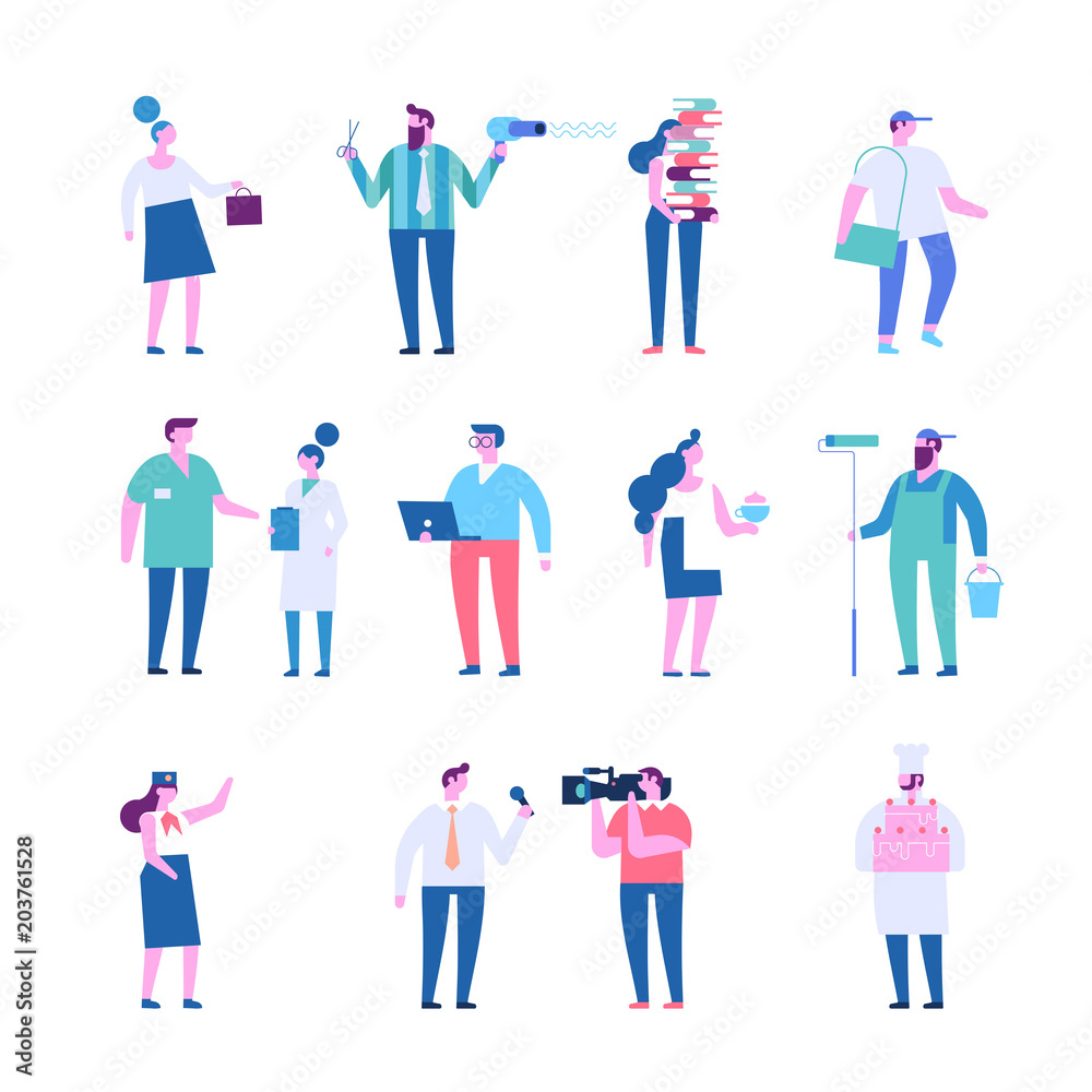 People of different occupations. Waitress, courier, worker, painter, chef, surgeon, hairdresser, business lady, librarian, programmer, stewardess, correspondent, journalist.Flat vector characters. People of different occupations. Waitress, courier, worker, painter, chef, surgeon, hairdresser, business lady, librarian, programmer, stewardess, correspondent, journalist.Flat vector characters.