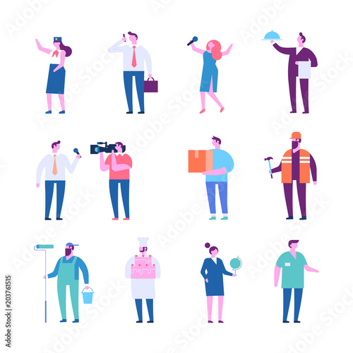 People of different occupations. Waitress, waiter, painter, hairdresser, business lady, sportsman, rock musician, manager, art director, teacher, courier, fireman.Flat vector characters.