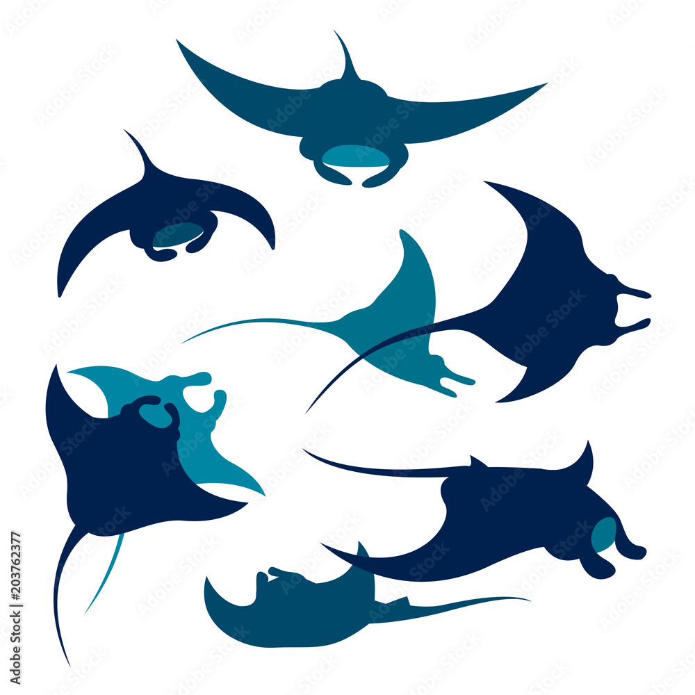 Fototapeta premium Set of mantas silhouette.