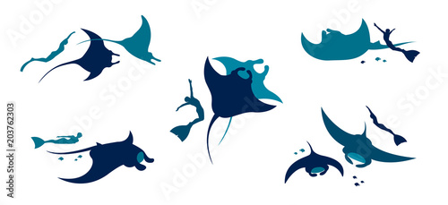 Manta and freediver. Vector collection.
