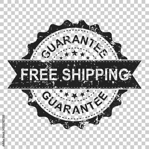 Free shipping scratch grunge rubber stamp. Vector illustration on isolated transparent background. Business concept guarantee free delivery stamp pictogram.