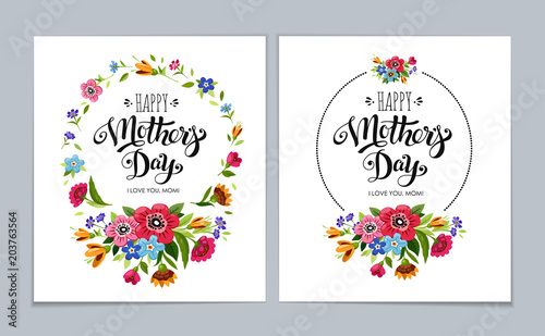 Elegant Happy Mother's Day cards on light blue background. Hand drawn lettering Happy Mother's Day in flower frame