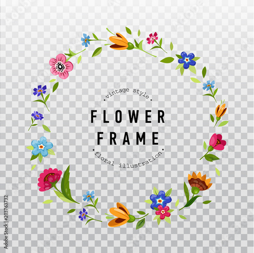Floral wreath on transparent background.Flower frame for greeting card, wedding invitation.Colorful spring flower wreath