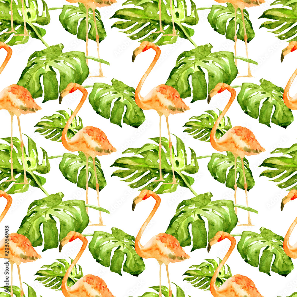 Watercolor Seamless Pattern. Hand Painted Illustration of Tropical Leaves and Flowers. Tropic Summer Motif with Tropical Pattern.