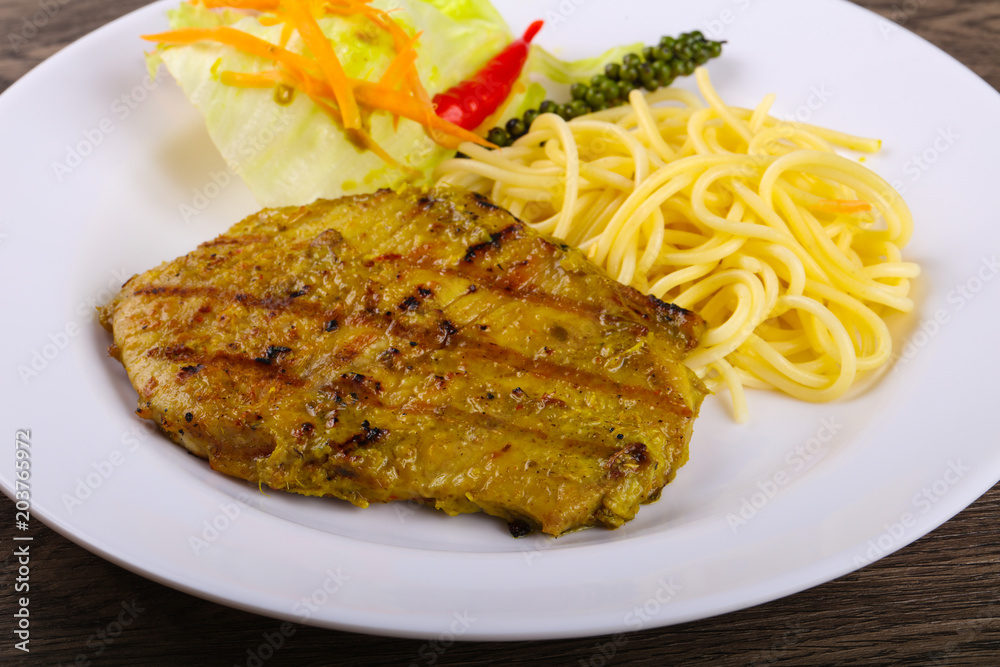Grilled meat with green curry Grilled meat with green curry
