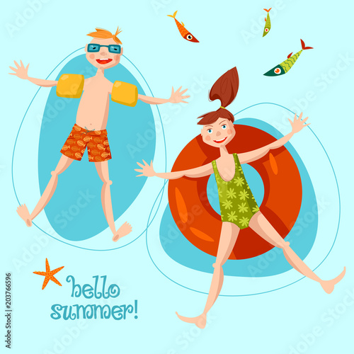 Boy wearing inflatable armbands and girl with a float rubber safety ring swimming in the sea. Hello summer!