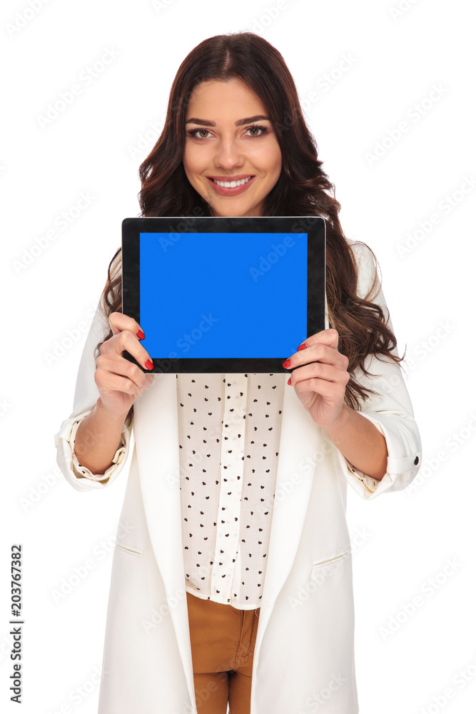 young businesswoman showing the blank screen of tablet young businesswoman showing the blank screen of tablet
