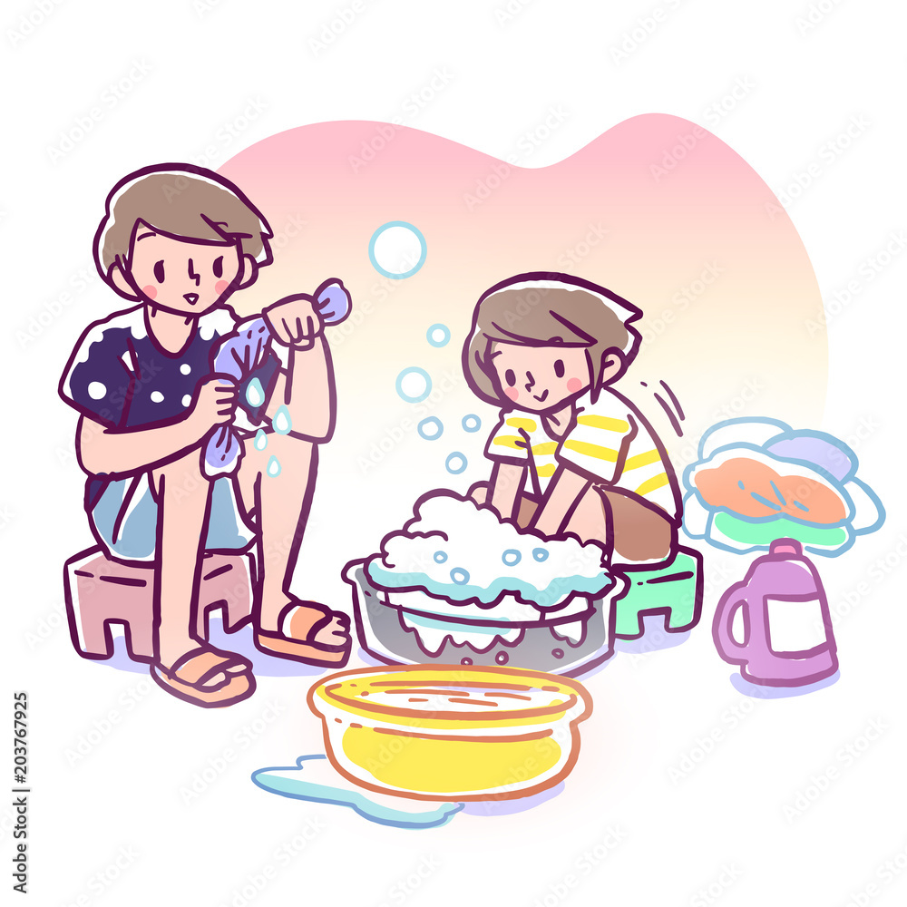 Vector illustration of mother and daughter hand-wash their clothes together Vector illustration of mother and daughter hand-wash their clothes together