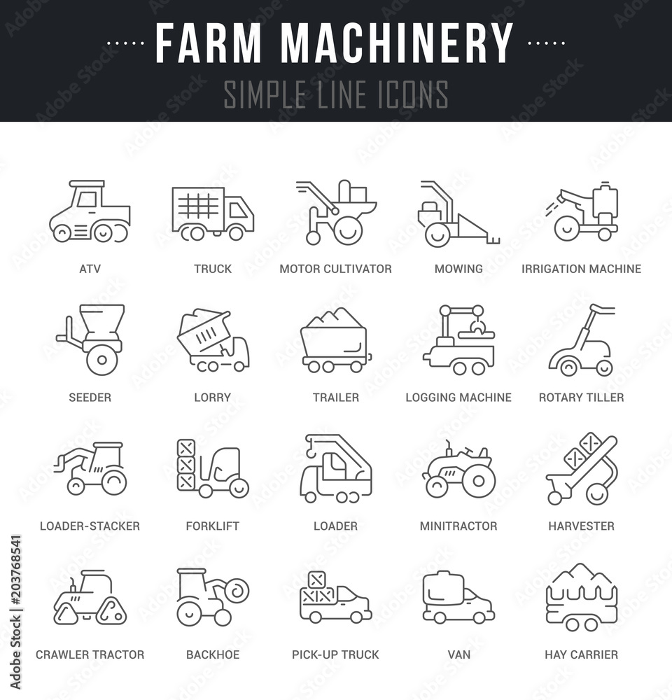 Set Vector Line Icons of Farm Machinery.