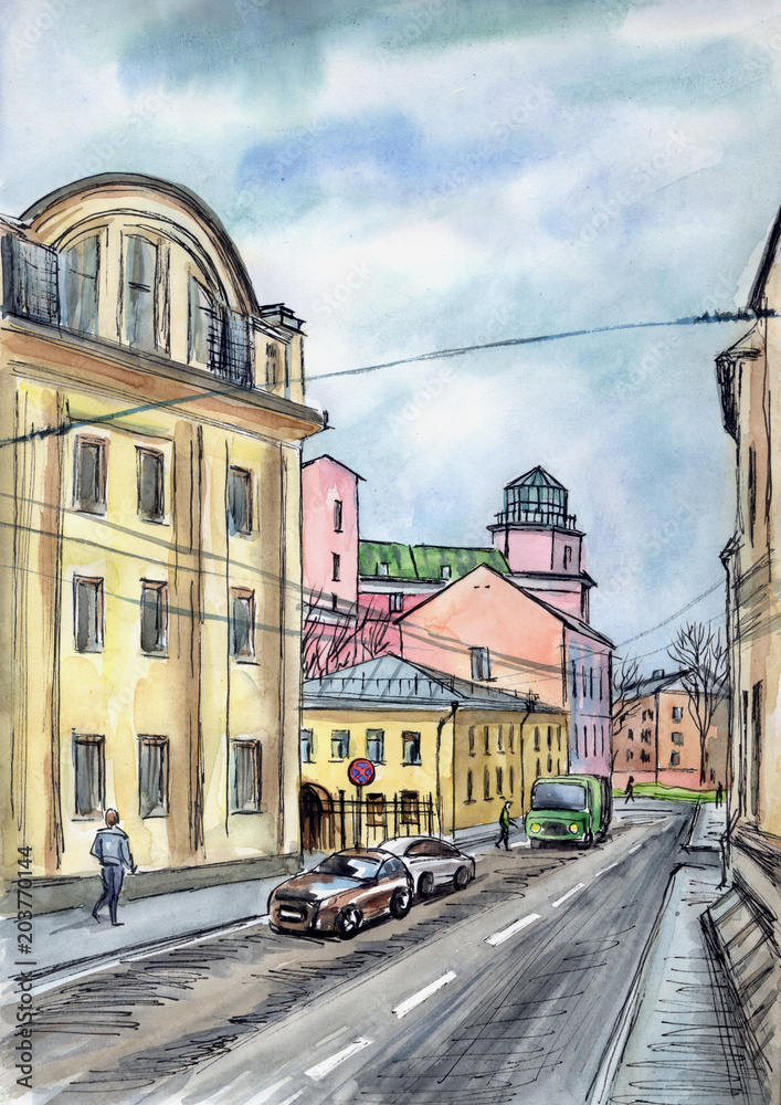 City landscape, hand drawing with watercolor and liner. A view of the lane, the sketch. Moscow street.