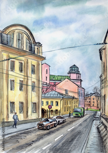 City landscape, hand drawing with watercolor and liner. A view of the lane, the sketch. Moscow street.