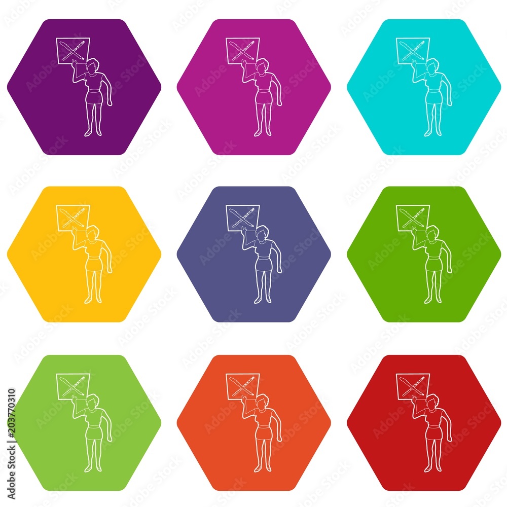 Woman protest with sign icons 9 set coloful isolated on white for web Woman protest with sign icons 9 set coloful isolated on white for web