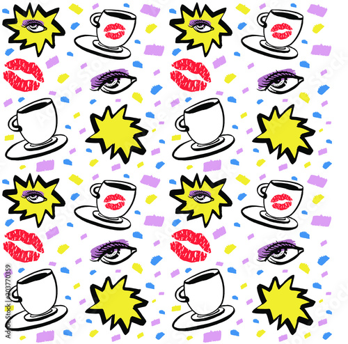 Vector hand drawn ink seamless pattern with woman eye, closed eyes and coffee cup with lipstick. Isolated on white background. Design for prints, textile, posters and web in beauty industry