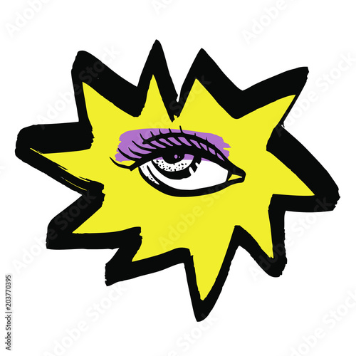 Vector hand drawn ink illustration with woman eye and flash. Black and yellow on white background. Design for prints, textile, posters and web in beauty industry