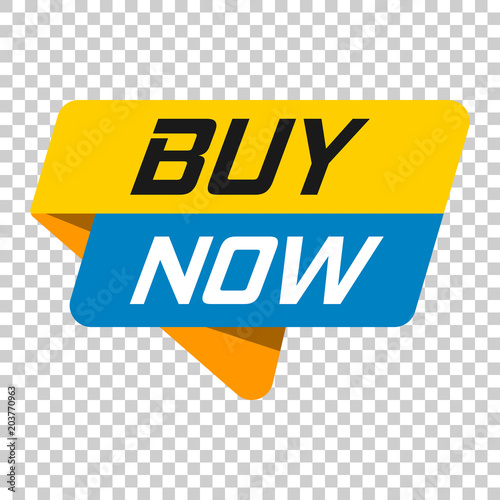 Buy now banner badge icon. Vector illustration on isolated transparent background. Business concept buy now pictogram.