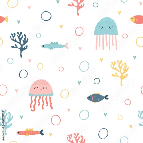 Tapety Dziecinna wzór z słodkie ręcznie rysowane ryby i meduzy w stylu bazgroły. Modny tło przedszkola. Dziecięca tekstura dla tkaniny