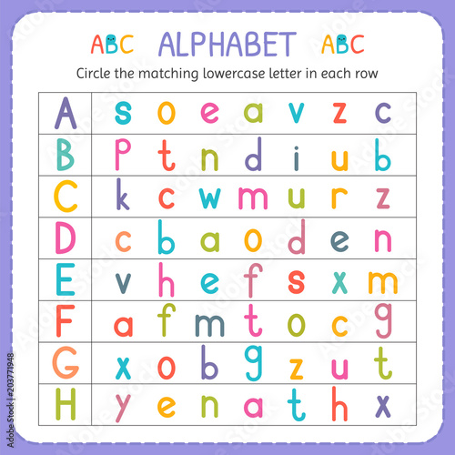 Circle the matching lowercase letter in each row. From A to H. Worksheet for kindergarten and preschool. Exercises for children