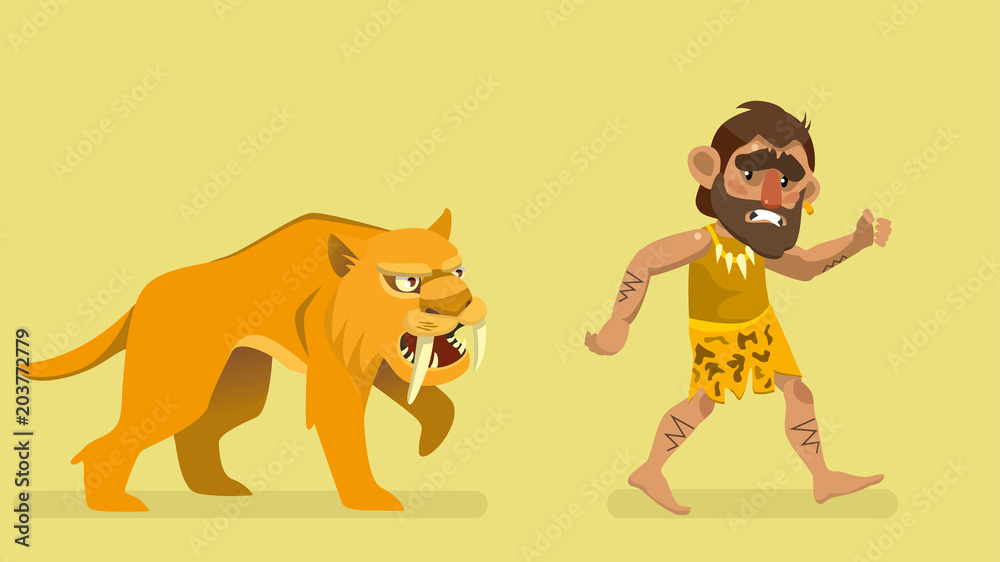 saber-toothed tiger chasing primitive man. vector illustration Stock ...