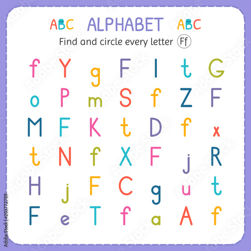 Find and circle every letter F. Worksheet for kindergarten and preschool. Exercises for children