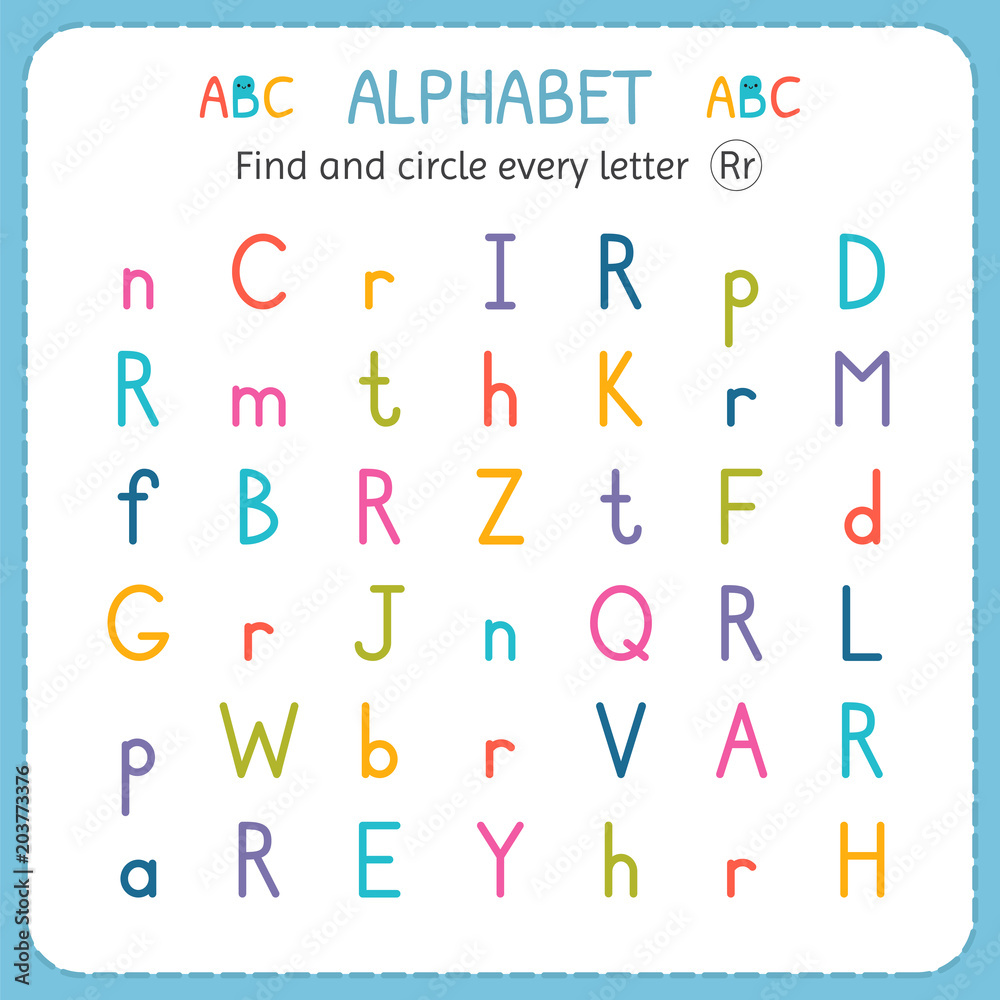 Find and circle every letter R. Worksheet for kindergarten and preschool. Exercises for children