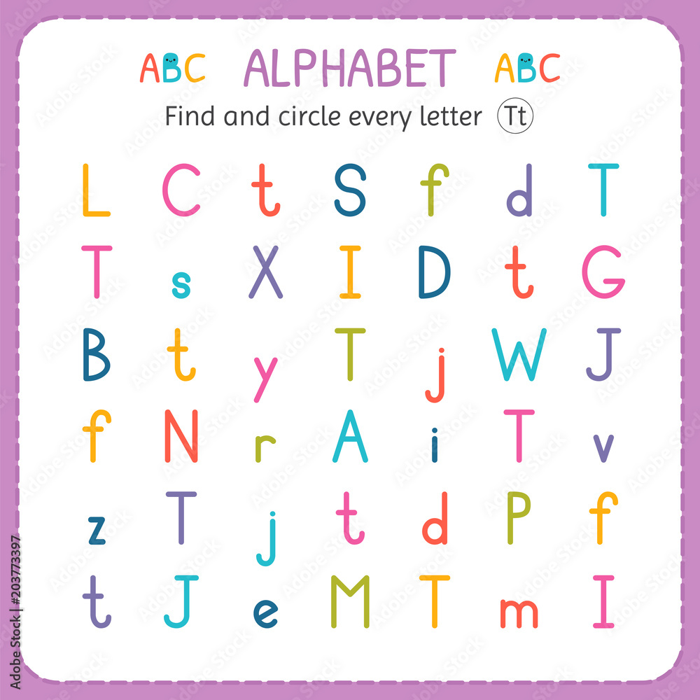 Find and circle every letter T. Worksheet for kindergarten and preschool. Exercises for children Find and circle every letter T. Worksheet for kindergarten and preschool. Exercises for children