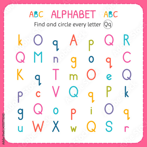 Find and circle every letter Q. Worksheet for kindergarten and preschool. Exercises for children