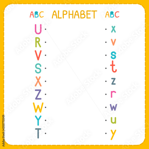 Join each capital letter with the lowercase letter. From R to Z. Worksheet for kindergarten and preschool. Exercises for children