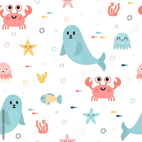 Tapety Wzór z zwierząt morskich. Ryby, rozgwiazdy, meduzy, wodorosty morskie i foki. Dziecinna tekstura na tkaninie lub tkaninie. Tło dla dzieci