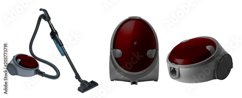 Photography full view of a modern household vacuum cleaner of claret color on a white background