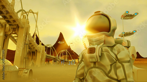 Fototapeta Naklejka Na Ścianę i Meble -  3D Illustration of Space station on Mars colony of pioneers