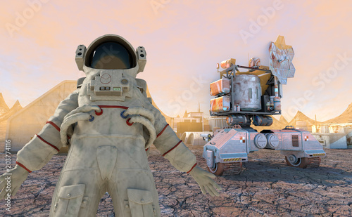 Fototapeta Naklejka Na Ścianę i Meble -  3D Illustration of Space station on Mars colony of pioneers