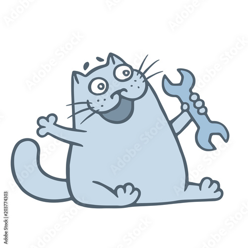 Cheerful cat sells a wrench. Vector illustration