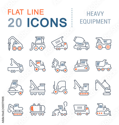 Set Vector Line Icons of Heavy Equipment.