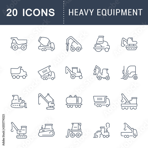 Set Vector Line Icons of Heavy Equipment.