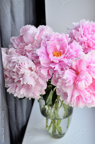 Fototapeta Naklejka Na Ścianę i Meble -  Fresh bouquet of pink peonies peony roses flowers in a vase on white window, background. White table. White wallpaper. White decor. Flowers in the room.